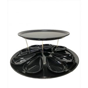 Melamine borden set | rond | zwart | 50cm | 35cm | zilveren buffetverhoger | 8 druppels